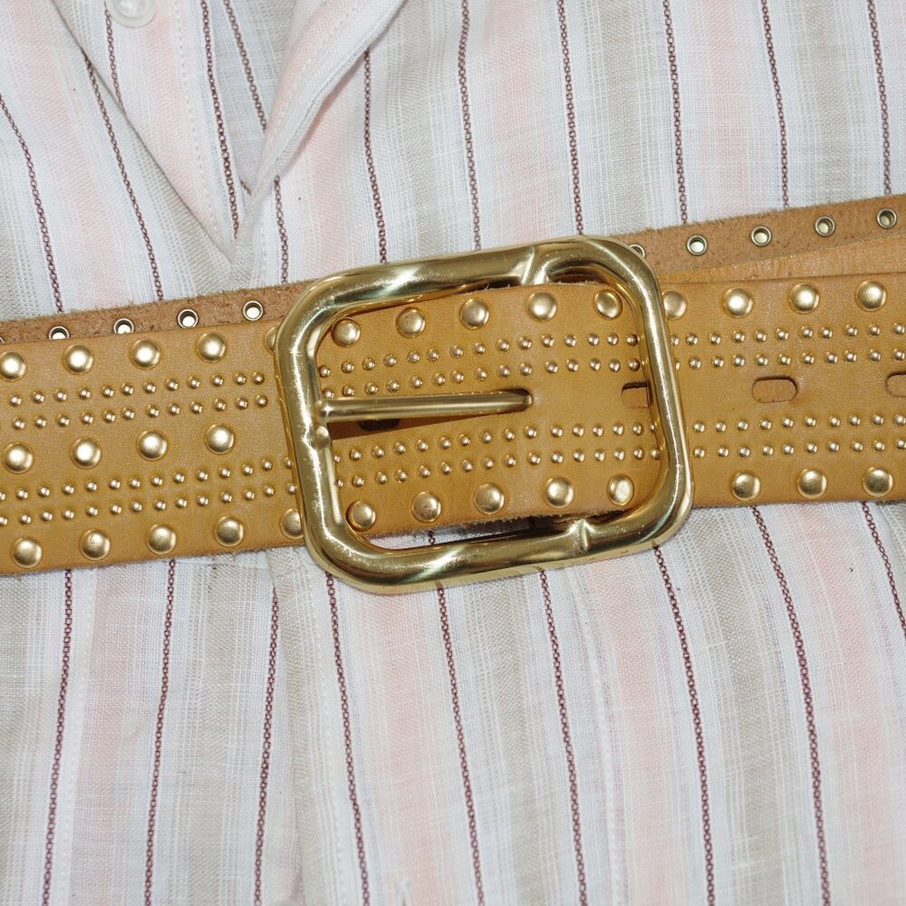 LINEA PELLE Hand Made Gold Brown Rare Beauty Women's studded leather belt Size:L
